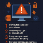 Infographic showing 5 signs your computer may have malware: slow performance, pop-ups, unknown programs, changed homepage, and file lockouts. Branded for EazyTek Services.